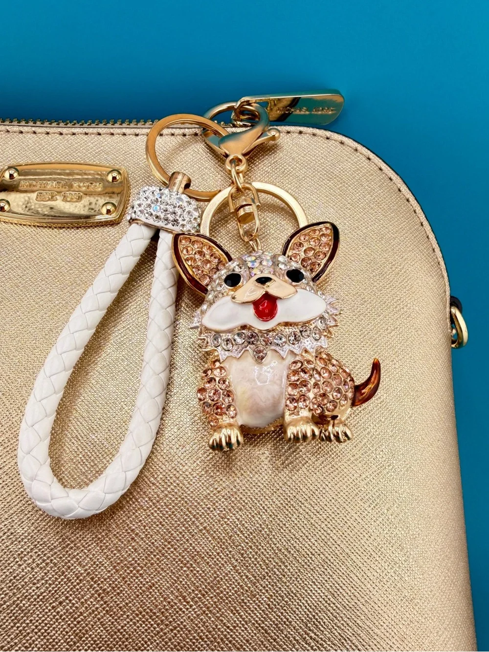 🐶 White & Gold CORGI PUPPY DOG Crystal Rhinestone Bag Charm /Keychain + Key Ring